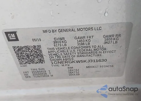 2019 Chevrolet Traverse 1Lt z USA, uszkodzony, nr VIN 1GNERGKW5KJ311630